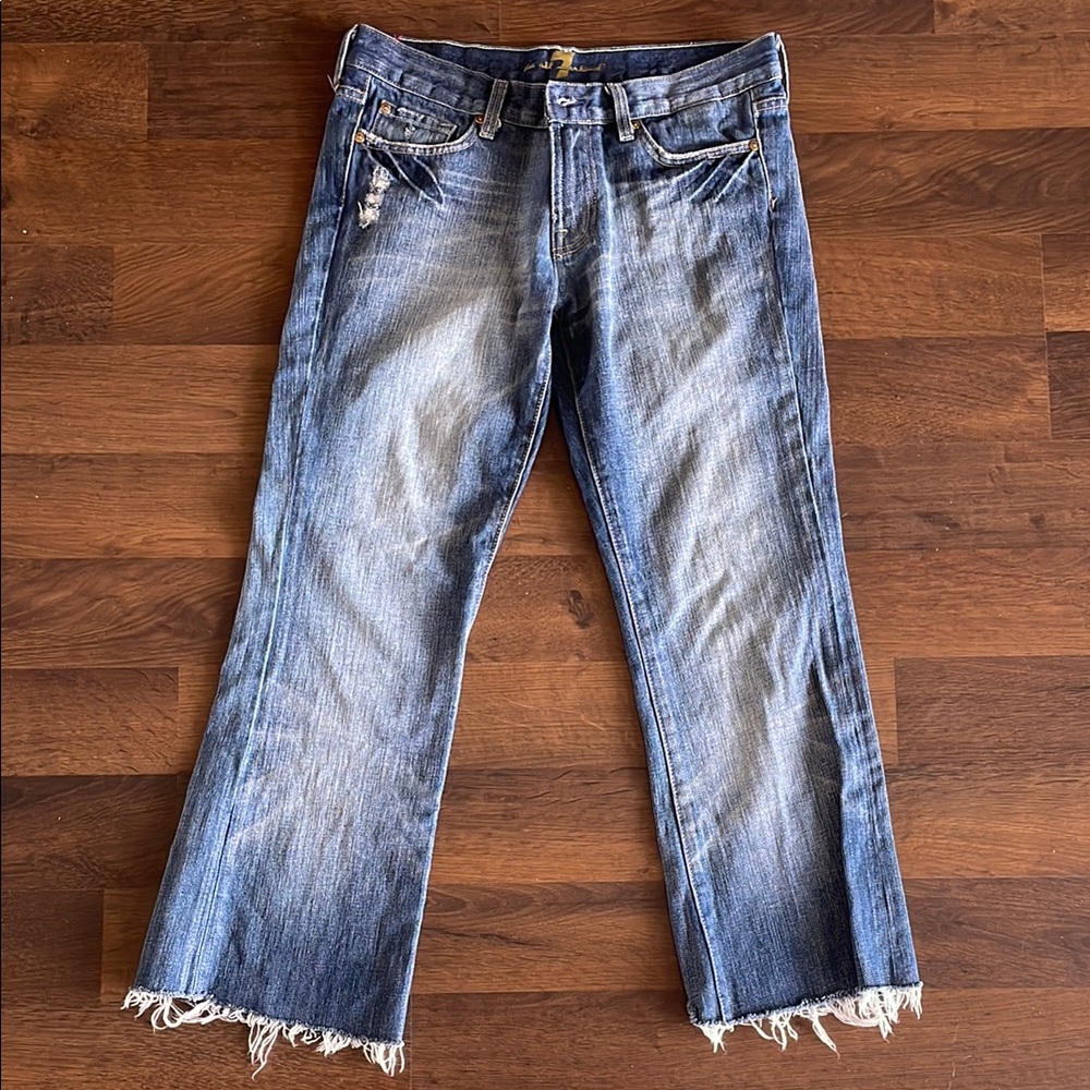 7 For All Mankind Blue Ankle & Cropped Jeans with Distressing and Frayed Hem